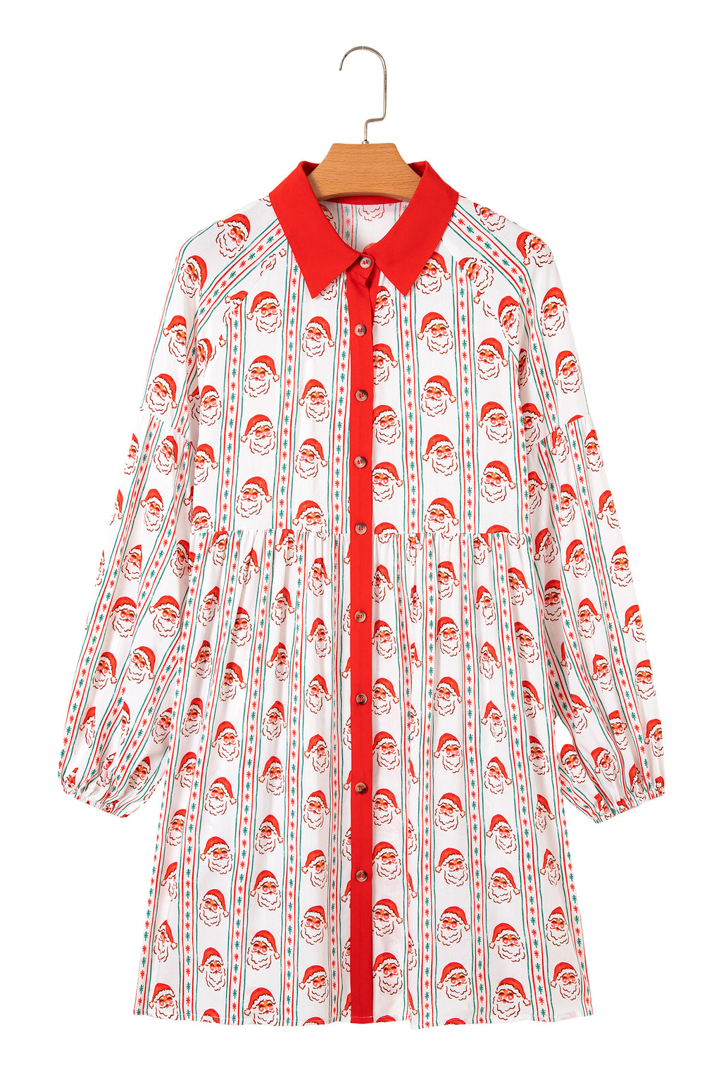 White Father Christmas Contrast Collar Button Front Long Sleeve A-line Mini Dress