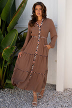 Chestnut Floral Patchwork Detail Notched Neck Long Sleeve Maxi Dress