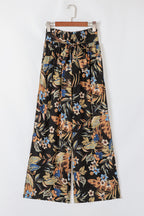Multicolour Floral Shirred High Waist Wide Leg Pants with Tie