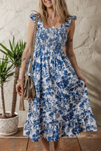 Blue Floral Ruffle Strap Square Neck Smocked Bodice Midi Dress