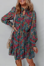 Green Floral Friled V Neck Puff Sleeve Ruffled Shirt Dress