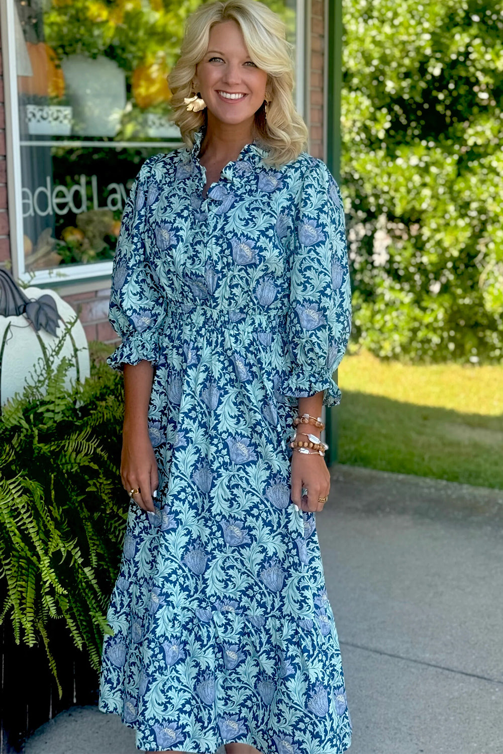 Sky Blue Floral Printed Frilled V Neck Bracelet Sleeve Long Dress