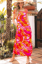 Red Abstract Print Knotted Shoulder High Waist Maxi Dress