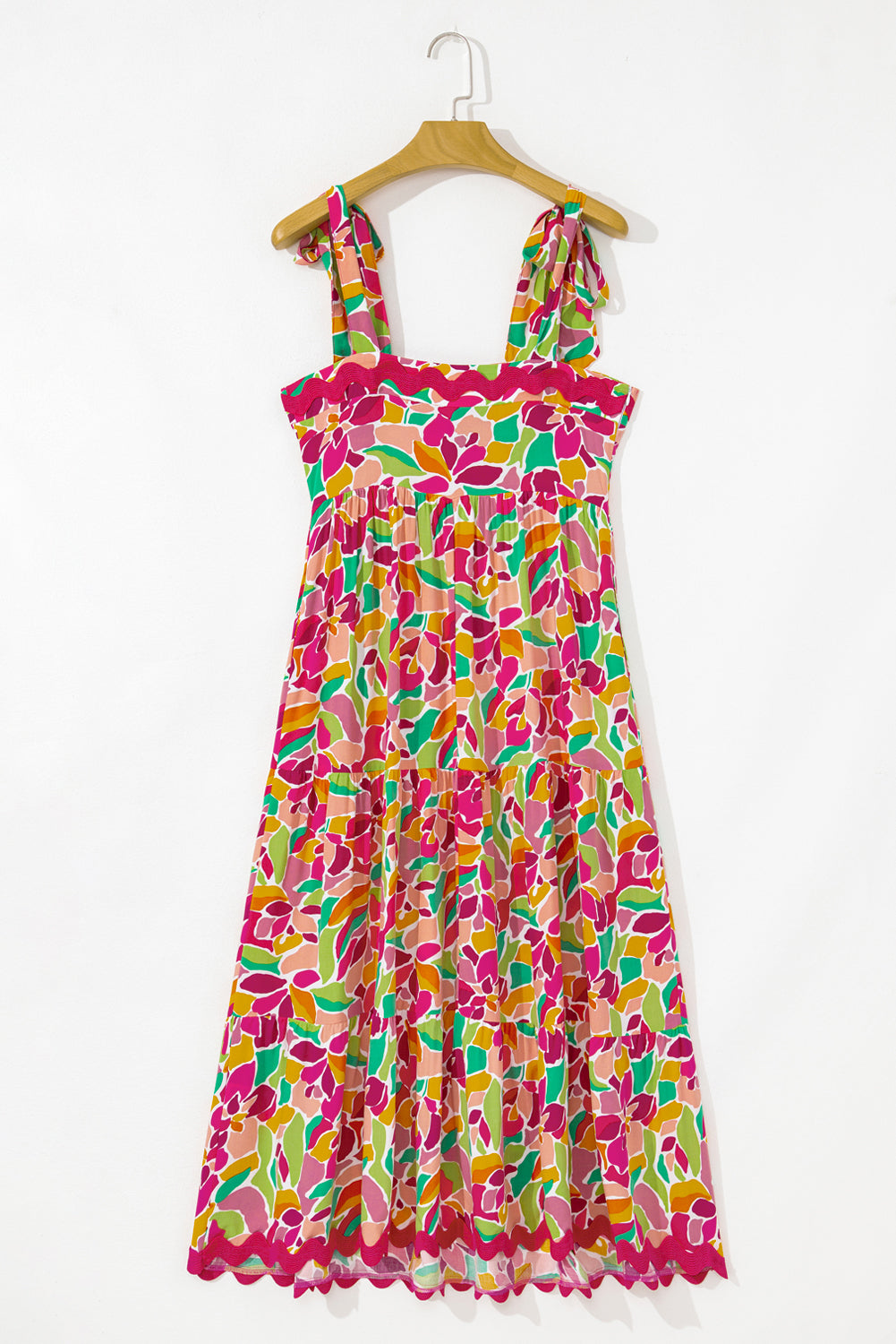Multicolour Floral Tied Straps Ricrac Trim Maxi Dress