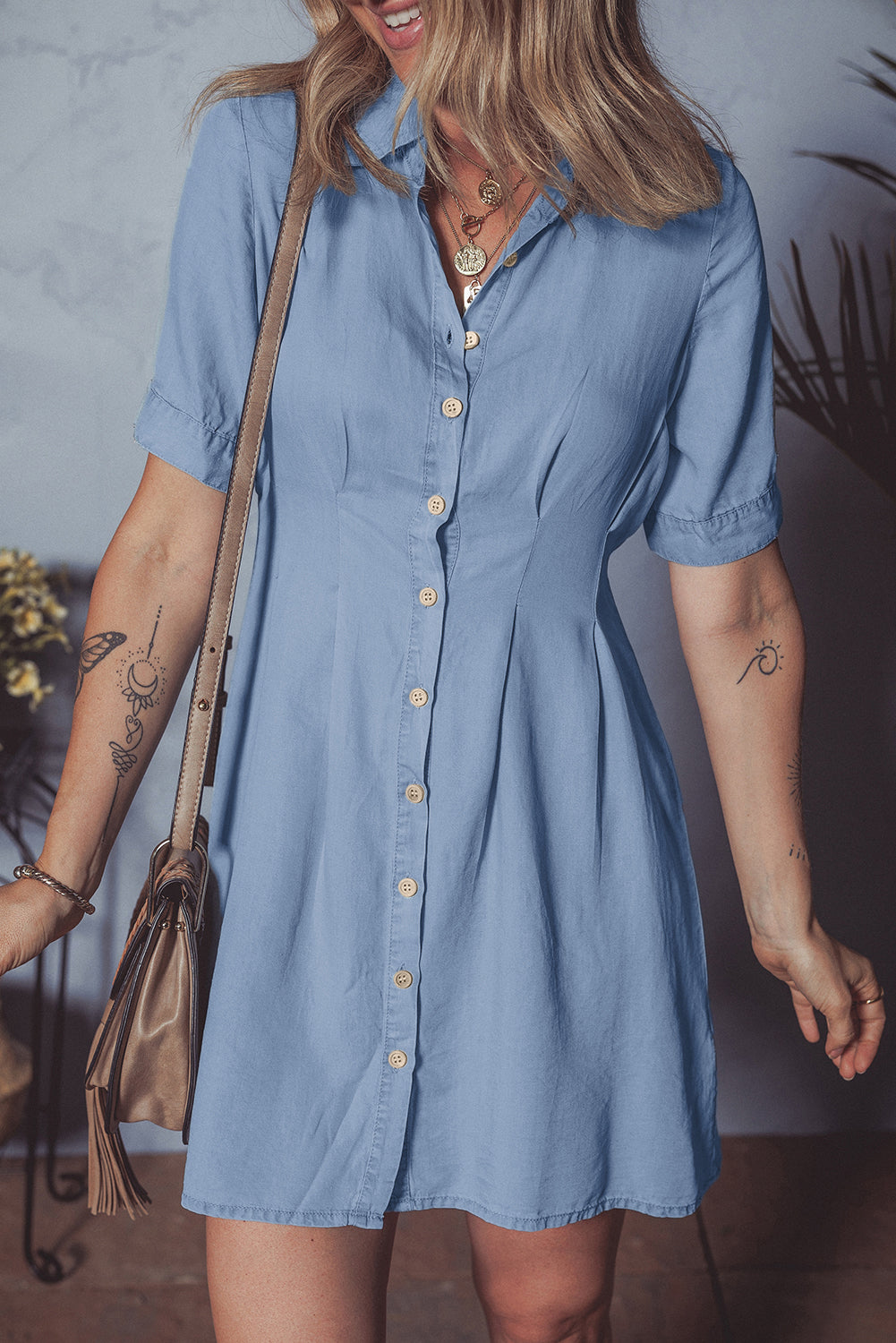 Myosotis Denim Pleated Slim Waist Short Sleeve Shirt Dress