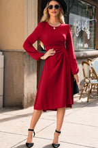 Fiery Red Solid Color Ruched Detail Long Sleeve Midi Dress