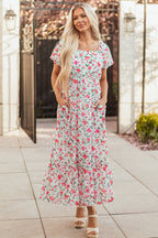 Pink Floral Puff Sleeve Square Neck Empire Waist Tiered Maxi Dress