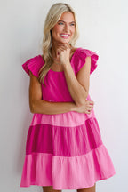Pink Crinkled Colorblock Patchwork Flutter Tiered Mini Dress
