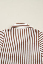 Brown Stripe Knot Waist Puff Sleeve Button Down Mini Shirt Dress