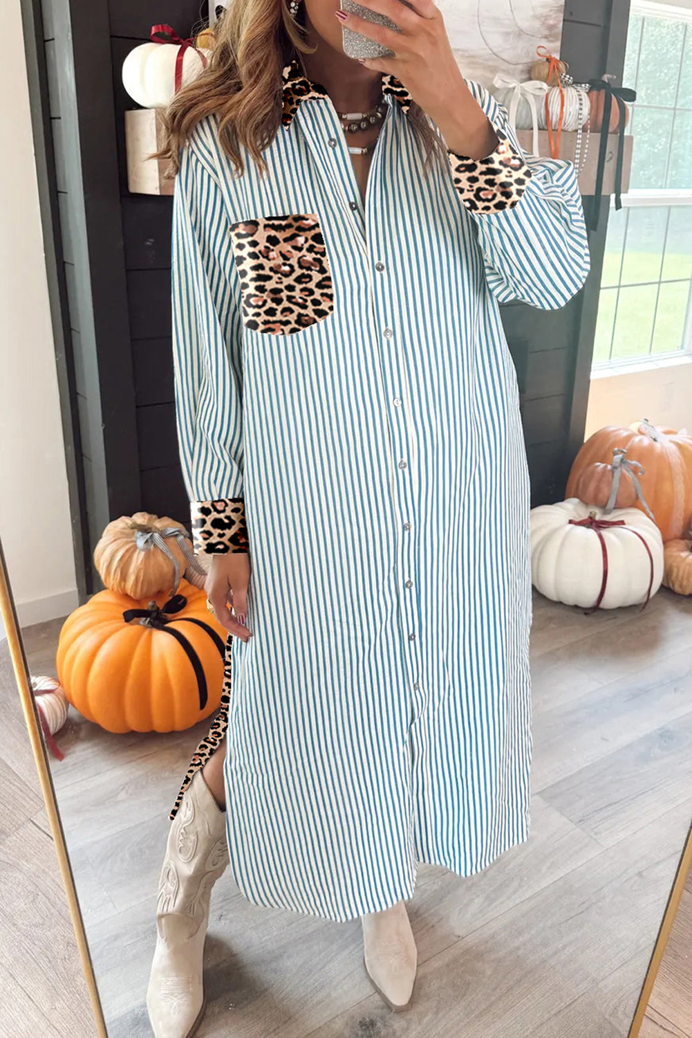 Brown Stripe Contrast Leopard Patchwork Long Shirt Dress with Slits
