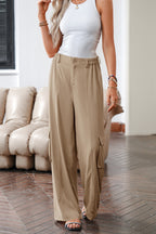 Camel Solid Color Elastic High Waist Loose Cargo Pants