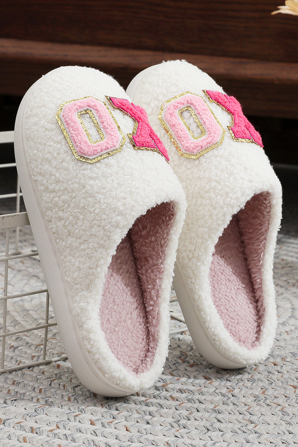 Pink XO XO Glitter Trim Letter Patched Plush House Slippers