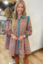 Orange Boho Floral Contrast Collared Shirt Mini Dress