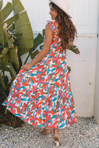 Red Boho Floral Ruffled Strap V Neck Maxi Dress