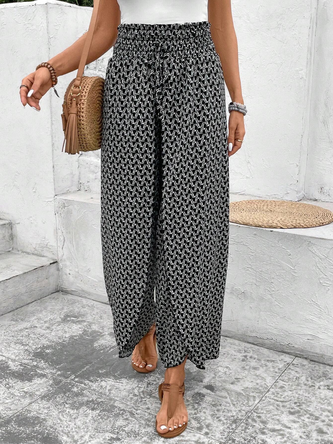 Pink Bohemian Print Slit Wide Leg Smocked High Waist Pants