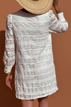 White Lace Crochet Round Neck Puff Sleeve Shift Mini Dress