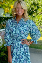 Sky Blue Floral Printed Frilled V Neck Bracelet Sleeve Long Dress