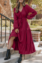 Burgundy Solid Long Sleeve Button V Neck Tiered Maxi Dress