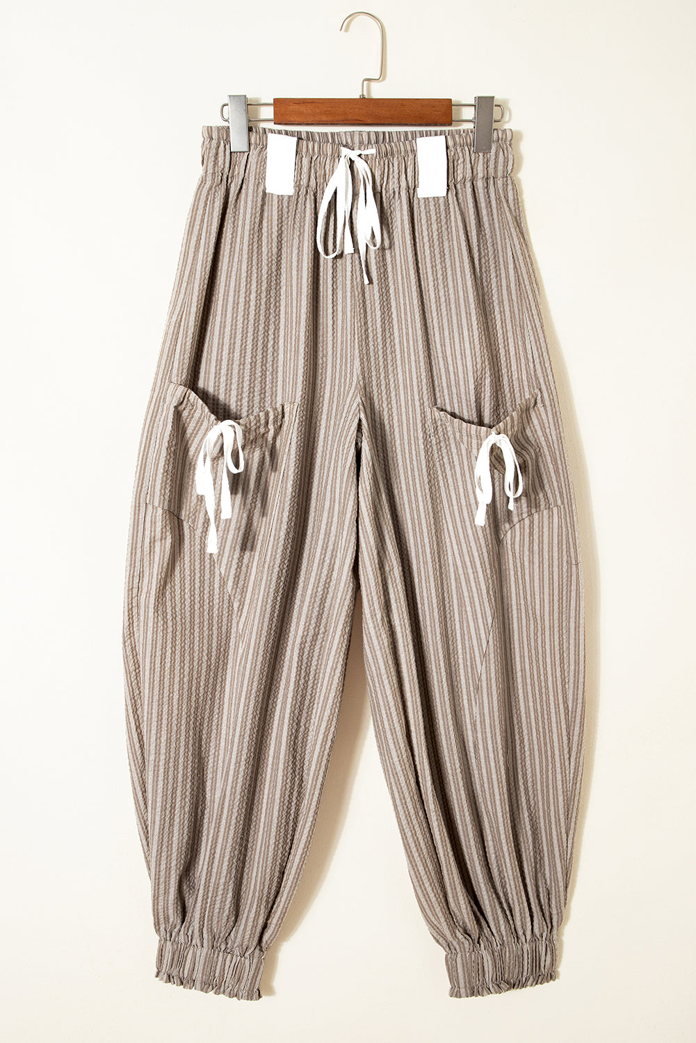 Brown Stripe Drawstring Cargo Jogger Pants with Pockets