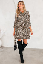 Khaki Leopard 3/4 Sleeve V Neck Swing Dress