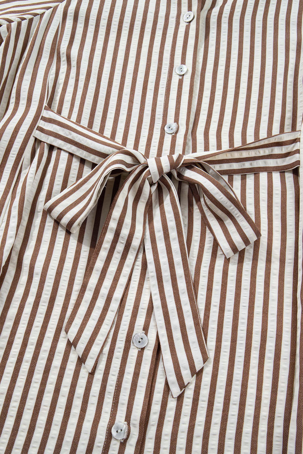 Brown Stripe Knot Waist Puff Sleeve Button Down Mini Shirt Dress