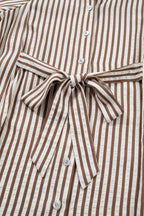 Brown Stripe Knot Waist Puff Sleeve Button Down Mini Shirt Dress