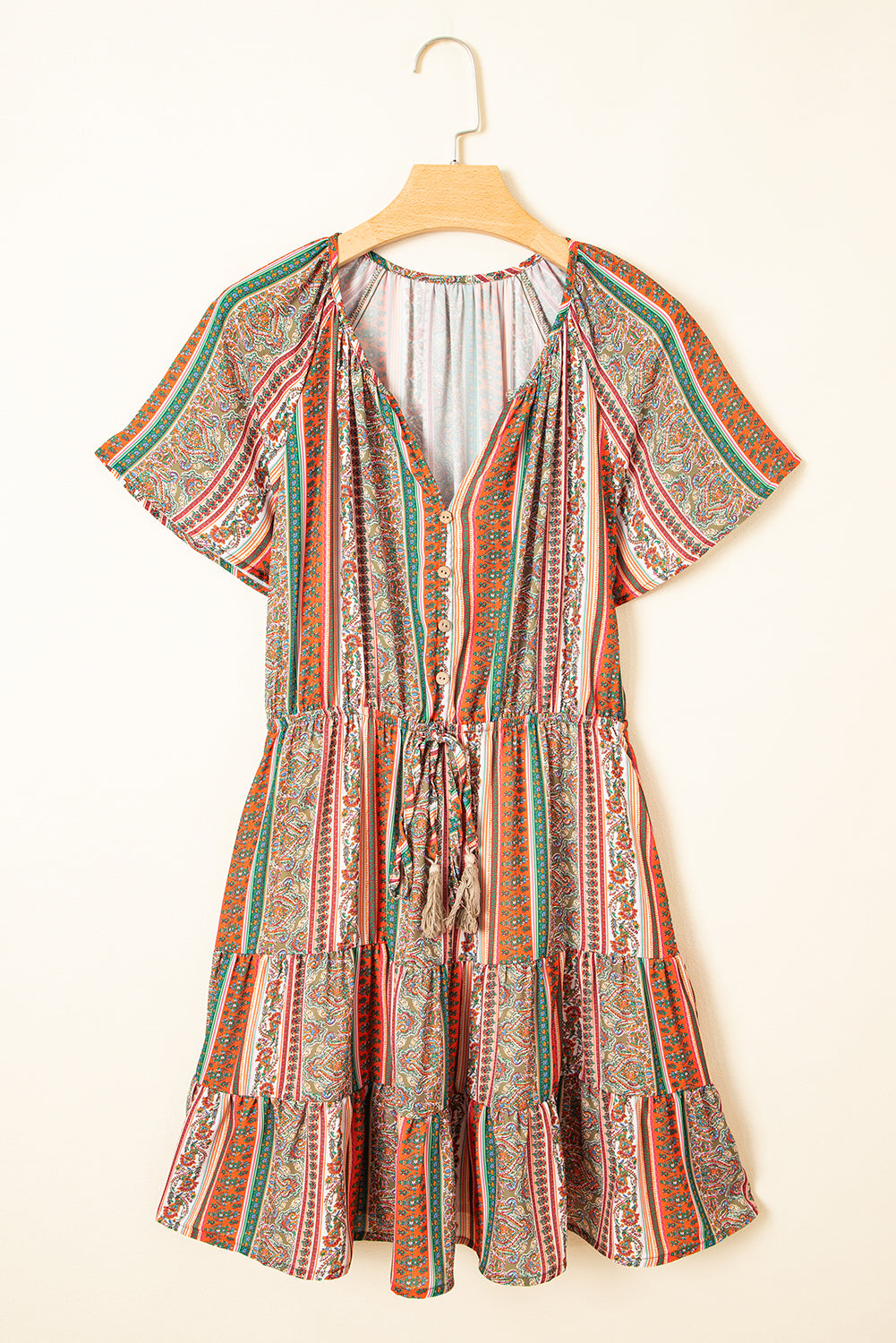 Red Bohemian Floral Print Buttoned V Neck Ruffle Tiered Dress