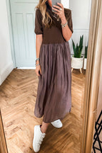 Coffee Short Sleeve Knit Top Patchwork Pleated Long Dress