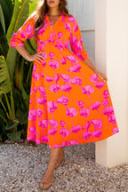 Orange Floral Print Frilly Smocked V Neck 3/4 Sleeve Long Dress