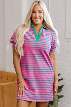 Pink Stripe Collared V Neck Puff Sleeve T Shirt Dress