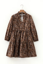 Brown Paisley Print Half Buttons Puff Sleeve Flowy Short Dress