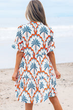 Orange Contrast Palm Tree Printed Short Sleeve Flowy Dress