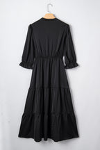 Black Flounced Bracelet Sleeve V Neck Tiered Maxi Dress
