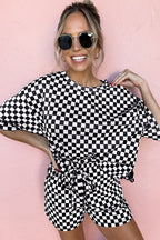 Black Checkered Top and Short Casual 2pcs Set