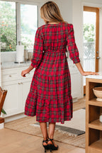 Red Christmas Plaid V Neck 3/4 Sleeve Tie Waist Ruffle Hem Long Dress