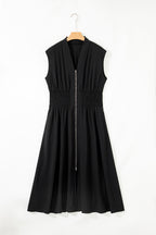 Black Sleeveless Zipped Front V Neck Shirred Waist Maxi Dress