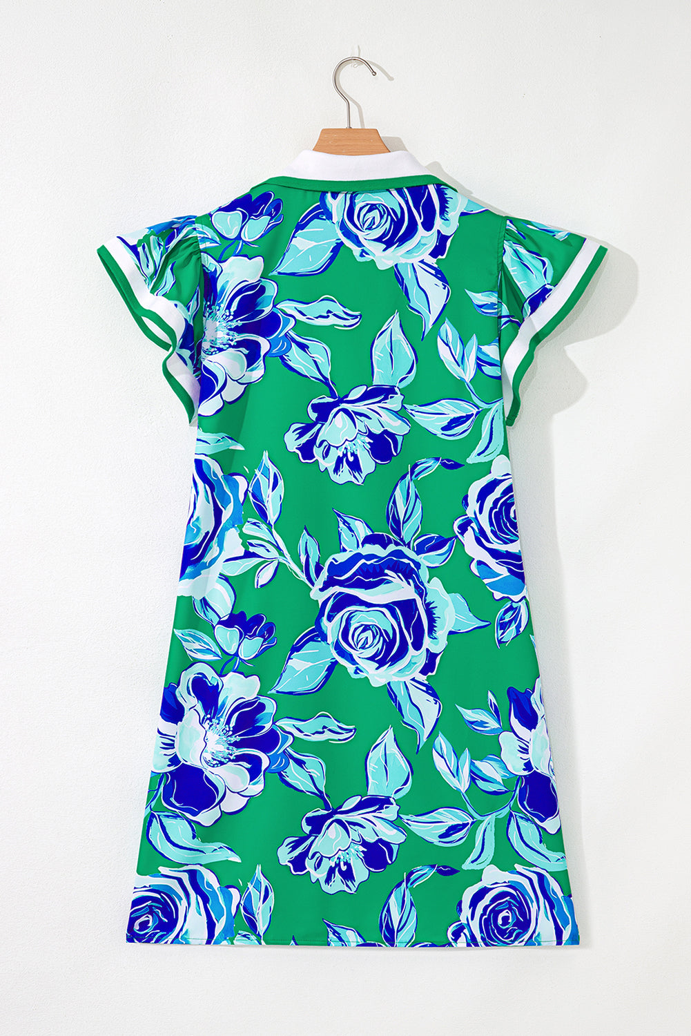 Bright Green Contrast Floral Print Collared V Neckline Ruffled Cap Sleeve Shift Dress with Pockets