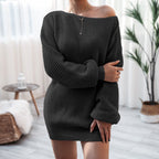Casual Off-the-shoulder Lantern Sleeve Knitted Sweater Dress