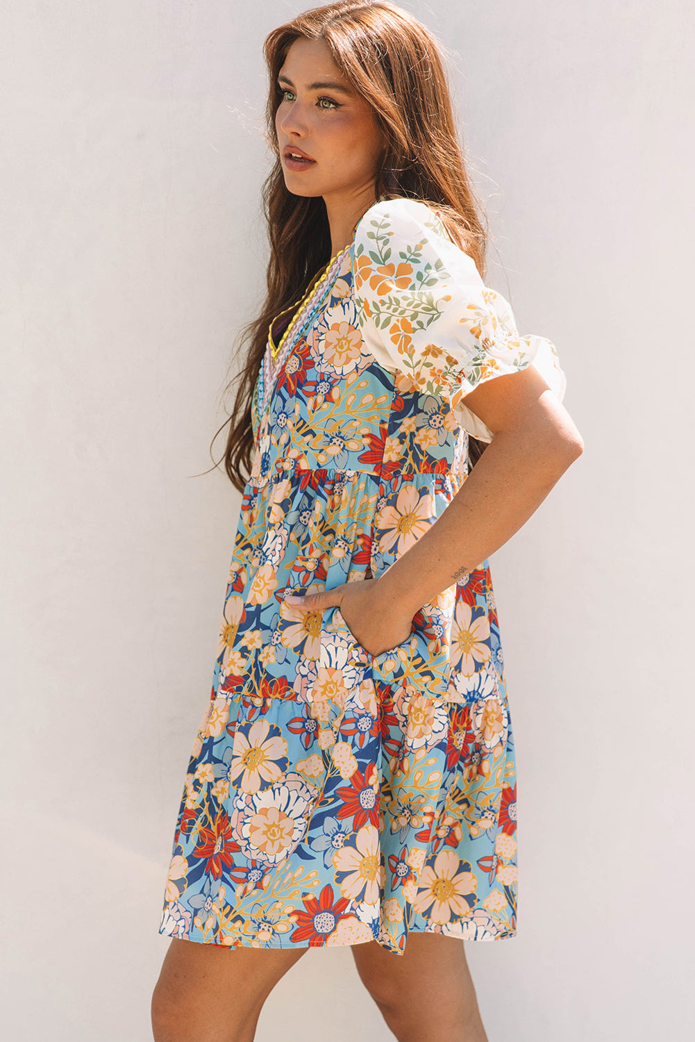 Multicolour Boho Floral Print Crochet Patchwork V Neck Loose Mini Dress