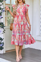Rose Tribal Paisley Print Ruffled Sleeve Notch Neck Midi Dress