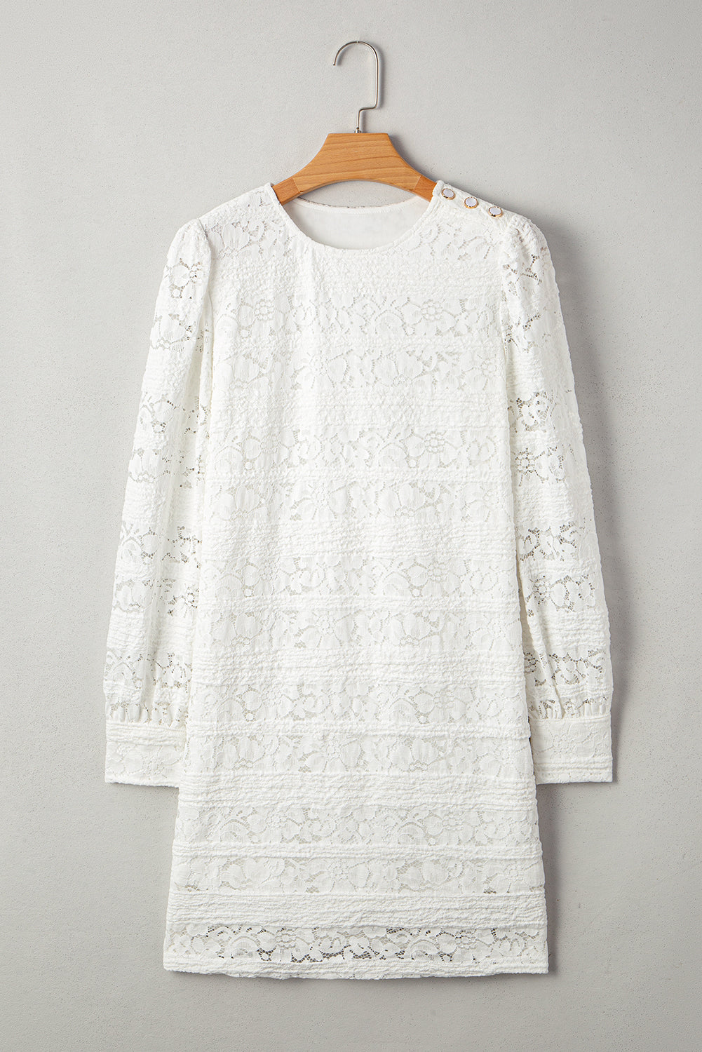 White Lace Crochet Round Neck Puff Sleeve Shift Mini Dress