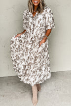 Khaki Floral Puff Sleeve V Neck Buttoned Front Maxi Dress