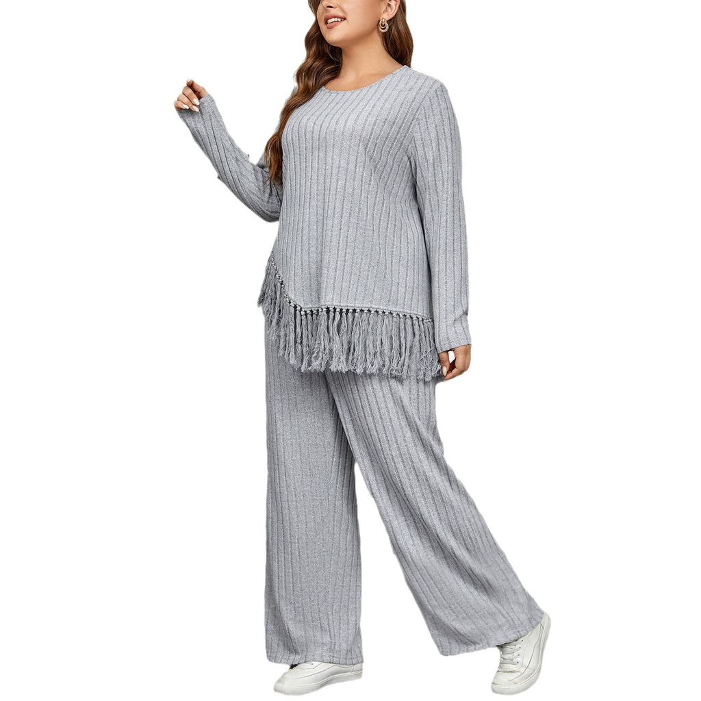 Irregular Fringe Long Sleeve Top With Loose Wide Leg Pants Set