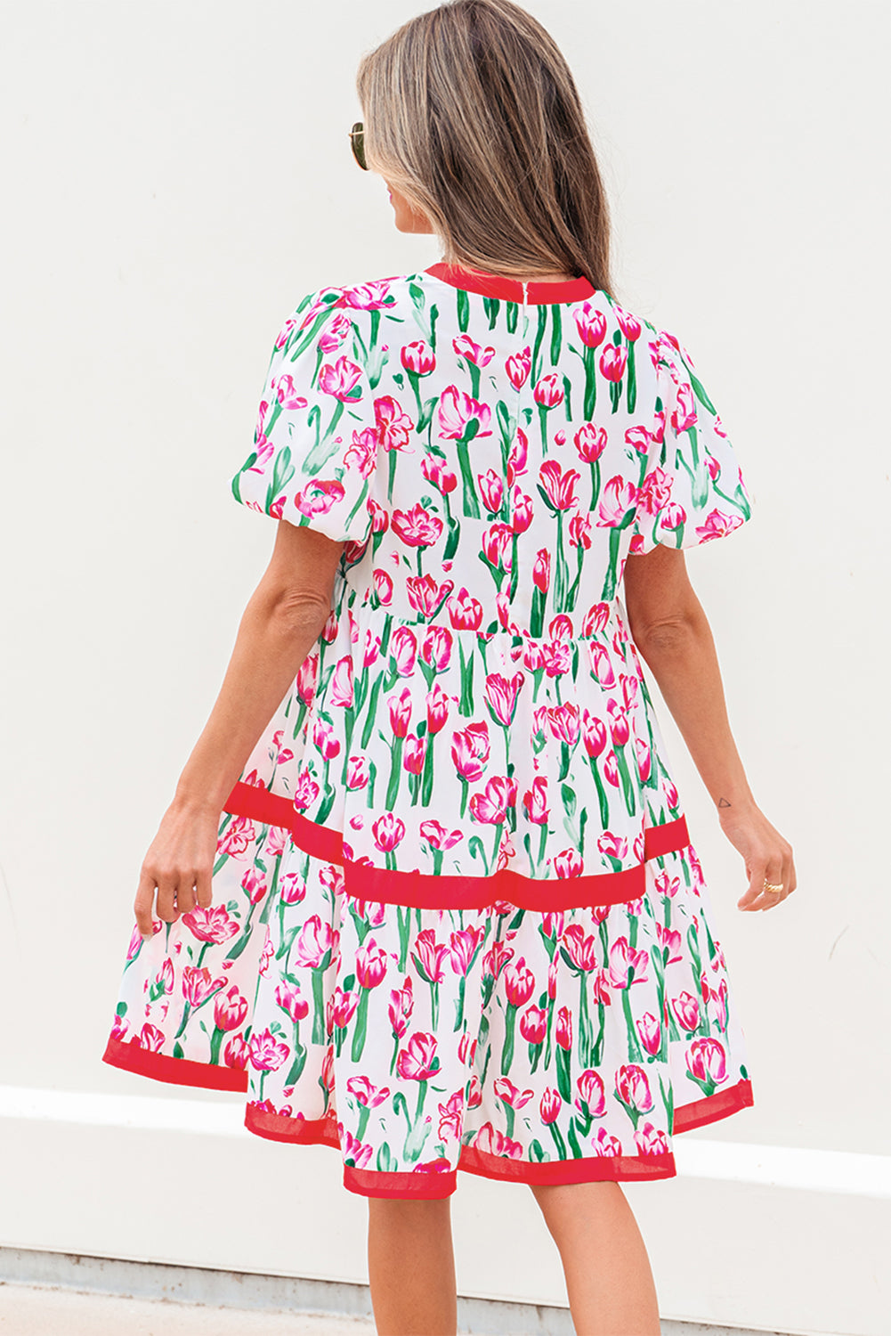 Pink Floral Print Contrast Trim V Neck Bubble Short Sleeve Babydoll Dress