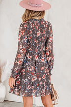 Brown Frilly Smocked Bodice Floral Mesh Long Sleeve Mini Dress