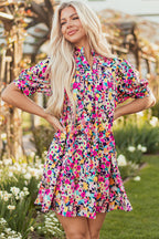 Pink Floral Puff Short Sleeve V Neck Mini Dress