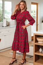 Red Christmas Plaid V Neck 3/4 Sleeve Tie Waist Ruffle Hem Long Dress