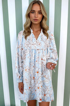 Brown Floral Print Tie Neck 3/4 Sleeve Mini Dress