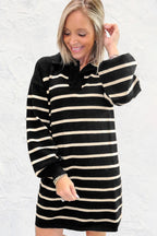 Black Stripe Polo Collar Puff Sleeve Sweater Mini Dress