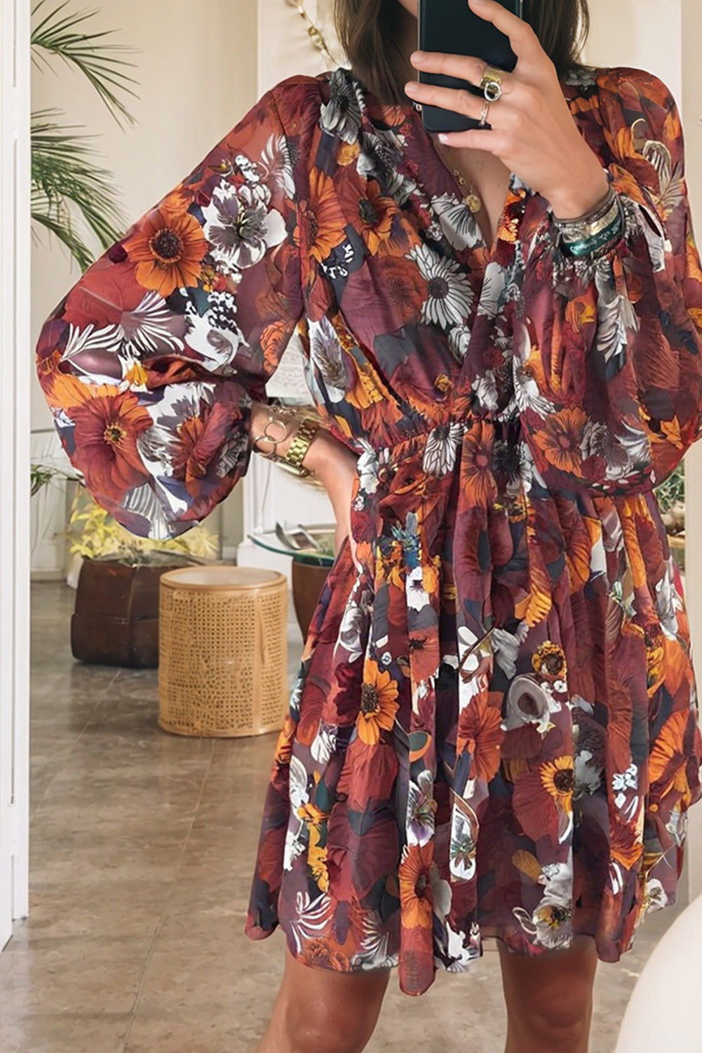 Red Floral Print Wrap V Neck Puff Sleeve Flowy Mini Dress